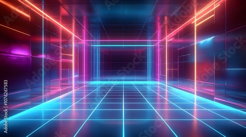 71. A 3D environment with floating holograms, glowing lines, and a large empty space for product placement.