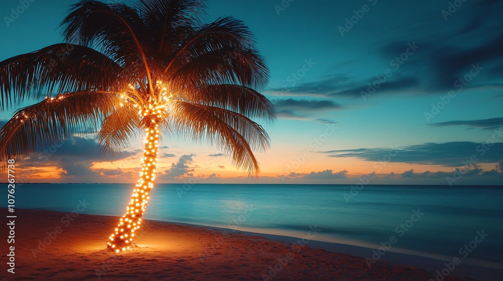 A solitary palm tree adorned with luminous string lights, gently swaying in a soft breeze, positioned along a serene beach at twilight, creating a warm and festive atmosphere. A solitary palm tree adorned with luminous string lights, gently swaying in a soft breeze, positioned along a serene beach at twilight, creating a warm and festive atmosphere.