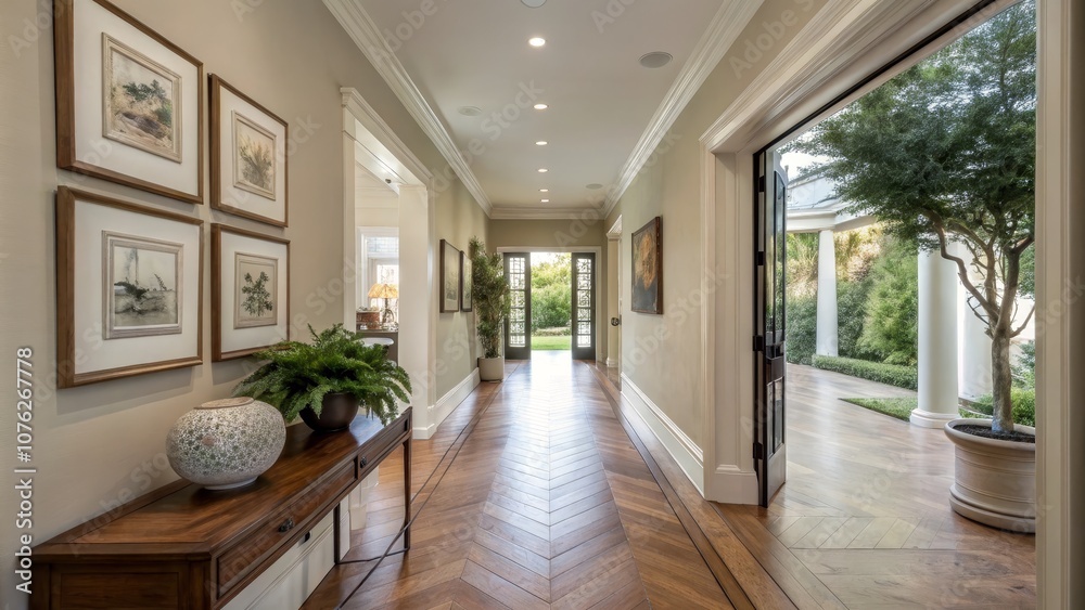 Fototapeta premium Modern Hallway with Wood Flooring and Artwork Leading to a Bright Greenery Space - Panoramic Photography