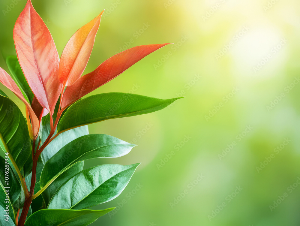 Vibrant Green and Red Leaves Against a Soft Faded Background Capturing the Essence of Nature's Beauty in a Tranquil Setting Ideal for Design and Wellness Themes Vibrant Green and Red Leaves Against a Soft Faded Background Capturing the Essence of Nature's Beauty in a Tranquil Setting Ideal for Design and Wellness Themes