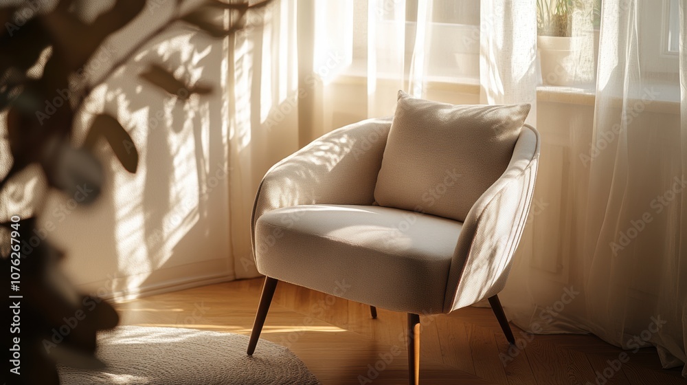 Comfortable armchair in a serene corner with neutral colors, soft textures, and minimalist decor, bathed in gentle natural light, perfect for quiet moments or intimate conversations