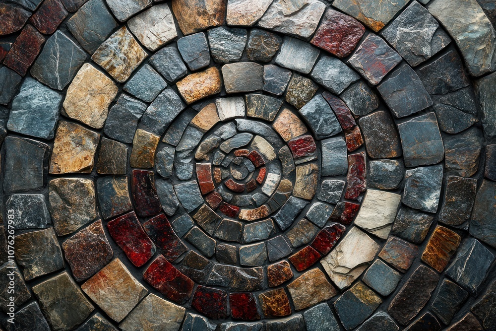 Fototapeta premium Circular Stone Mosaic Pattern with Red, Grey, and Brown Stones