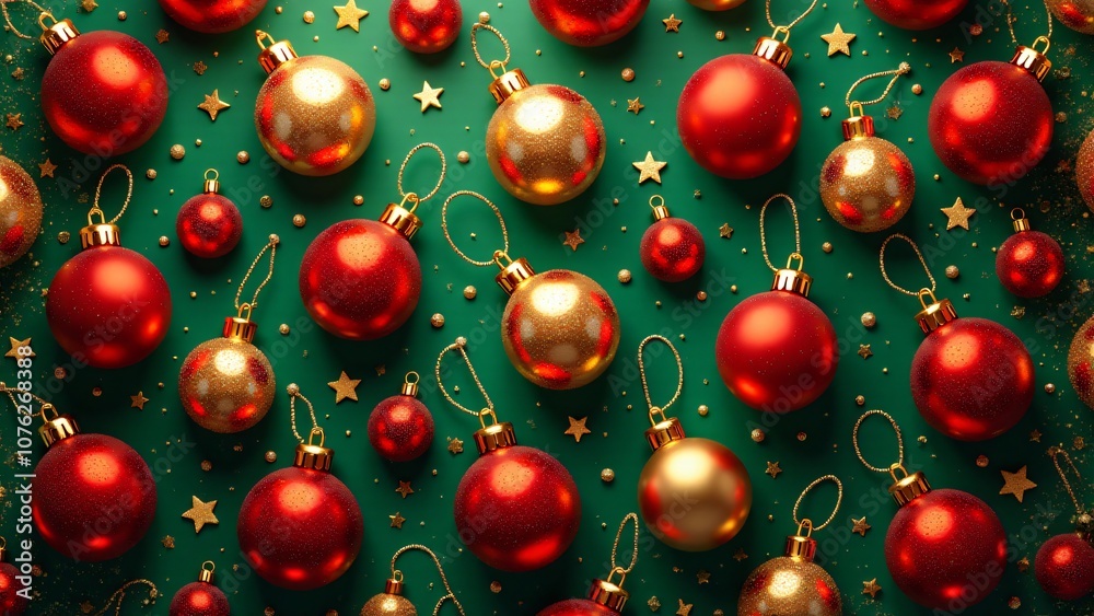 pattern featuring various Christmas ornaments like red and gold baubles, arranged on a festive green or red background. pattern featuring various Christmas ornaments like red and gold baubles, arranged on a festive green or red background.