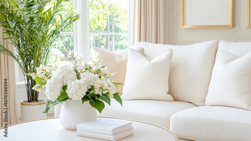 Naklejka premium bright and cozy living room with white sofa, elegant cushions, and round table adorned with vase of white flowers, creating serene atmosphere