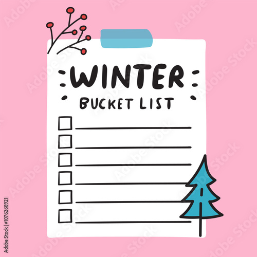 Winter bucket list on pink background. Hand drawn illustration.