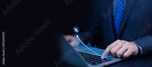 Concept of business growth planning and strategy, showing good economy from digital screen, strategy, idea, success, growth, productivity, increase, good economy and stock market statistics to make pr photo