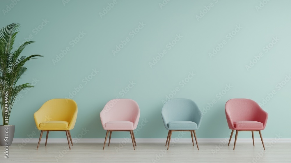 Obraz premium Minimalist Living Room Interior with Colorful Chairs and Green Plant