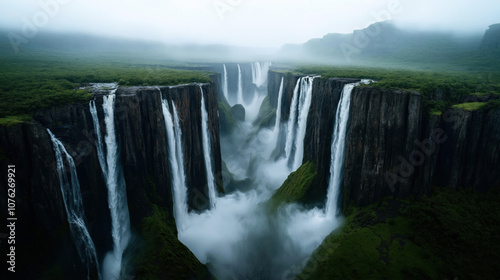 Dramatic landscape featuring tall waterfalls cascading over steep, green cliffs in a misty, lush environment.