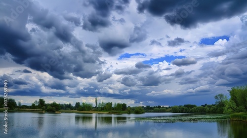 Gorgeous cloudy day landscape with rolling hills, vast meadows, serene lakes, and distant mountains. The sky is filled with various shades of gray clouds, creating a moody and captivating atmosphere