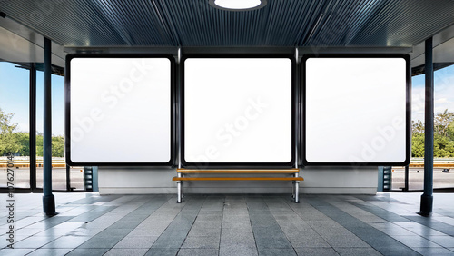 This mockup shows three empty spaces in a bus station. It's rendered in 3D and realistically depicted.