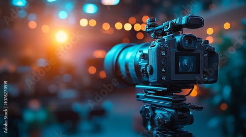 Recording an interview on camera in a television studio with a blurred background media technologies