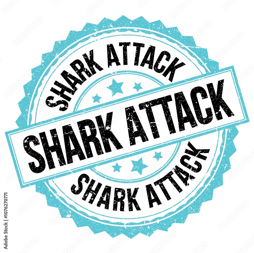 Obraz premium SHARK ATTACK text on blue-black round stamp sign