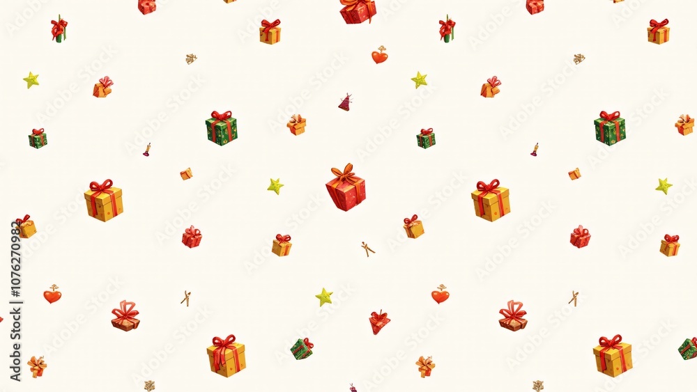pattern featuring small illustrations of gift boxes, bows, and ribbons, arranged in a lively and colorful way. pattern featuring small illustrations of gift boxes, bows, and ribbons, arranged in a lively and colorful way.