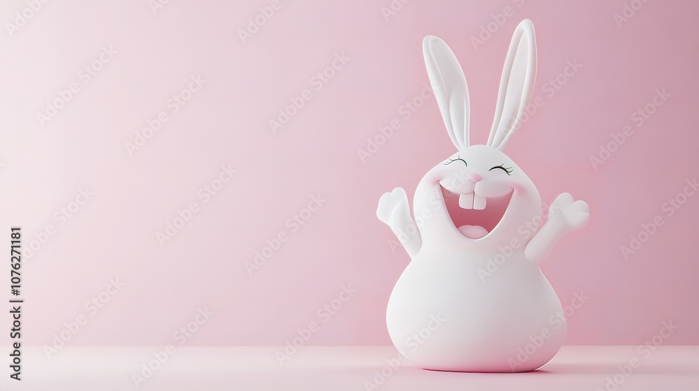 A cheerful cartoon bunny rabbit with big ears smiles with its arms raised in celebration against a pink background. A cheerful cartoon bunny rabbit with big ears smiles with its arms raised in celebration against a pink background.