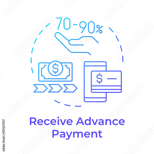 Receive advanced payment blue gradient concept icon. Factoring process. Dollar bill with arrows as cash flow. Round shape line illustration. Abstract idea. Graphic design. Easy to use in article