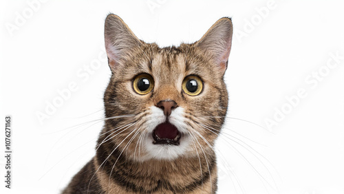 Angry and surprised cat isolated on transparent png background with a funny and excited expression.