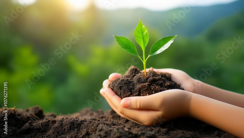 A child's hand holds a young plant on a green nature background. Earth day concept eco