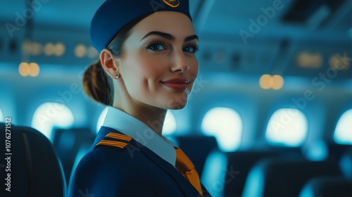 A flight attendant in uniform, providing in-flight service to passengers, with a focus on customer care and professionalism in the airline industry photo