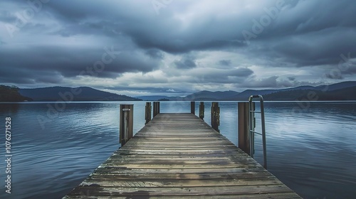 Gorgeous cloudy day landscape with rolling hills, vast meadows, serene lakes, and distant mountains. The sky is filled with various shades of gray clouds, creating a moody and captivating atmosphere