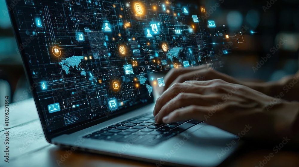 Hands Typing on a Laptop with Digital Interface Showing Global Network Connections Hands Typing on a Laptop with Digital Interface Showing Global Network Connections