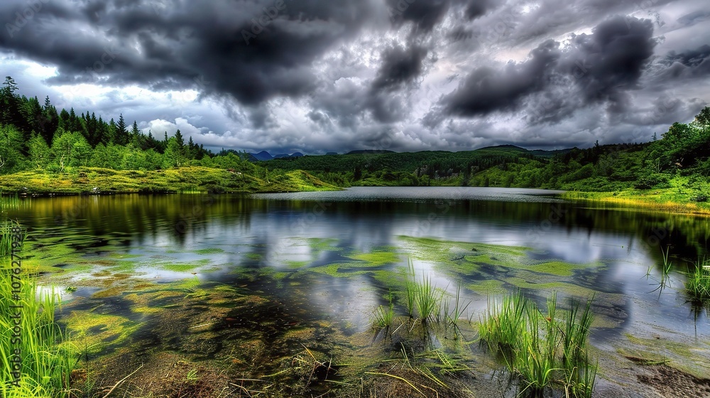 Gorgeous cloudy day landscape with rolling hills, vast meadows, serene lakes, and distant mountains. The sky is filled with various shades of gray clouds, creating a moody and captivating atmosphere Gorgeous cloudy day landscape with rolling hills, vast meadows, serene lakes, and distant mountains. The sky is filled with various shades of gray clouds, creating a moody and captivating atmosphere