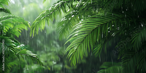 Tropical Jungle Foliage in Rain with Sunlight photo