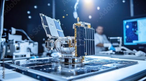 Technicians working on satellite assembly in a high-tech cleanroom, emphasizing precision and cutting-edge technology for space missions.