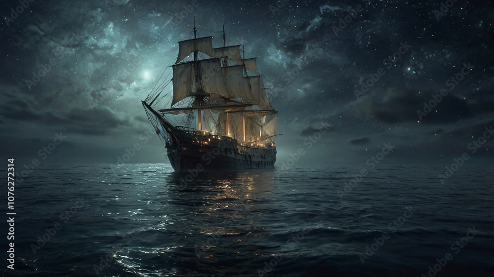 Fototapeta premium Ghostly Sailing Ship on the Moonlit, Misty Ocean under Starry Sky V4