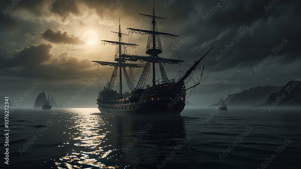 Fototapeta premium Ghostly Sailing Ship on the Moonlit, Misty Ocean under Starry Sky V5