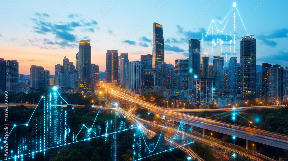 Smart City Skyline: Futuristic city landscape at sunset, overlaid with dynamic growth graphs, symbolizing technological advancement and economic prosperity. Smart City Skyline: Futuristic city landscape at sunset, overlaid with dynamic growth graphs, symbolizing technological advancement and economic prosperity.