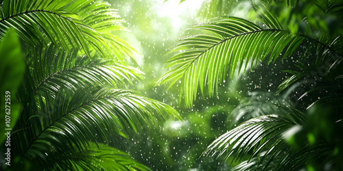 Tropical Jungle Foliage in Rain with Sunlight photo