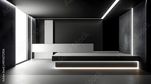 54. A clean 3D showroom with floating panels and glowing edges, leaving room for a product to be placed in the center.