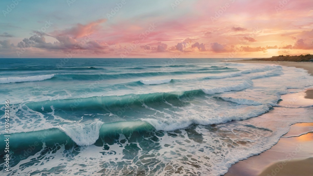 Naklejka premium Turquoise Waves, pink-orange sky, golden hour, Serene Beach Sunset V2