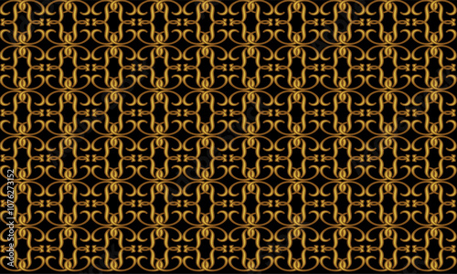 Yellow Gold drawing flower as repeat pattern on black background, vector, replete pattern image designed for fabric printing grid block