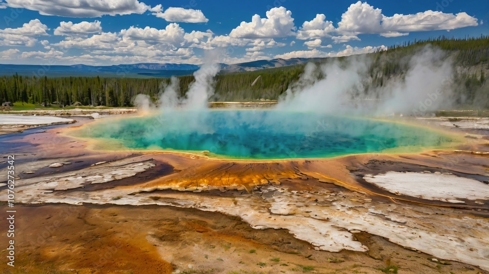 Vibrant Geothermal spring, turquoise water, steam, mineral mats, Yellowstone V3 Vibrant Geothermal spring, turquoise water, steam, mineral mats, Yellowstone V3