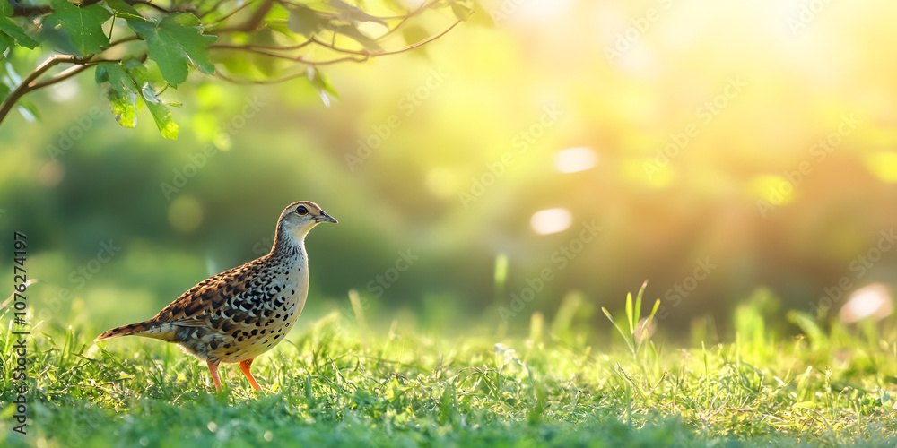 Obraz premium Bird in Green Field with Sunlight Background