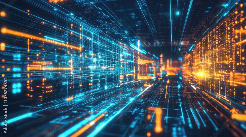Fototapeta premium A futuristic 3D wallpaper with digital pixelation effects and glowing data points creating a tech-inspired look
