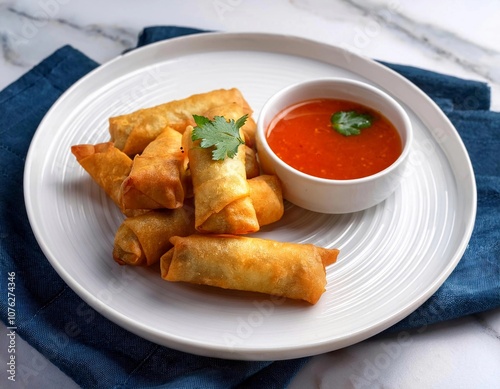 Fried spring rolls with sweet chili sauce in white plate on white marble table background