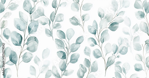 Watercolor pattern of delicate eucalyptus leaves on a white background. Soft, muted shades of green and blue evoke a calm, natural feel, ideal for botanical and nature-themed designs, Generative AI