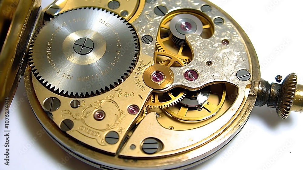 Naklejka premium Close-up View of the Intricate Mechanism Inside a Vintage Pocket Watch