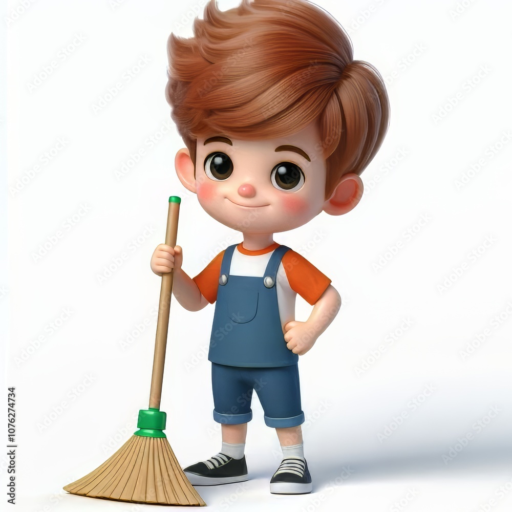 three-dimensional of a child sweeping the floor on a white background three-dimensional of a child sweeping the floor on a white background