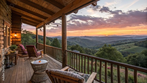 Serene Sunset at a Rustic Cabin Porch Overlooking Countryside Hills and Valleys