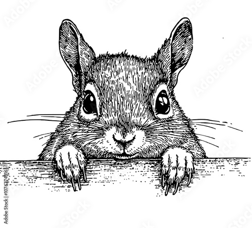 An engrave illustration of an isolated squirrel in black and white