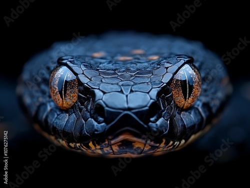 A close-up view of a striking black snake with golden scales against a dark background photo