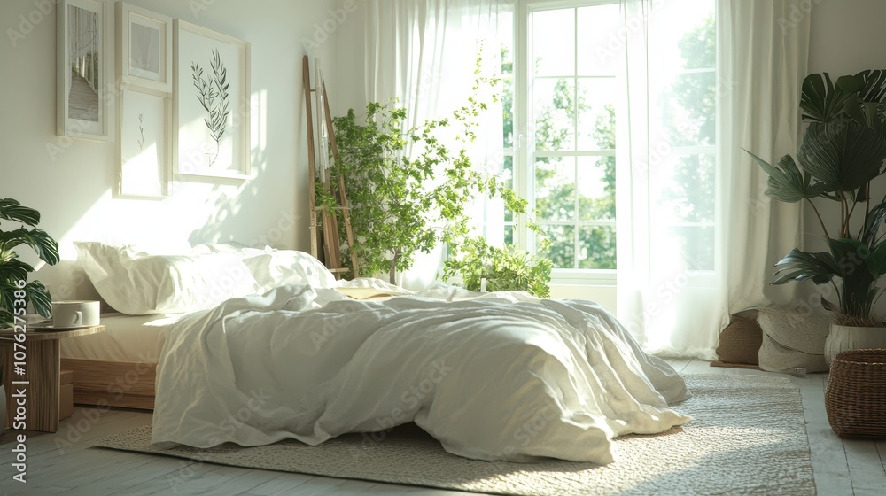 A cozy bedroom scene with morning light streaming through the window, showcasing relaxation. A cozy bedroom scene with morning light streaming through the window, showcasing relaxation.