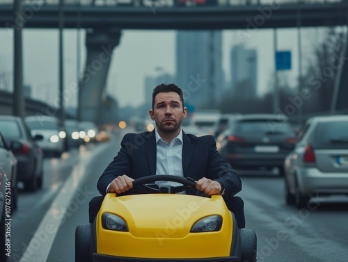 A businessman drives a small playcar among traffic on a busy highway