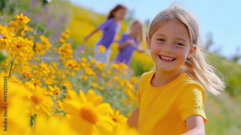 Smiling girl enjoying a sunny day in a vibrant field of yellow flowers, AI
