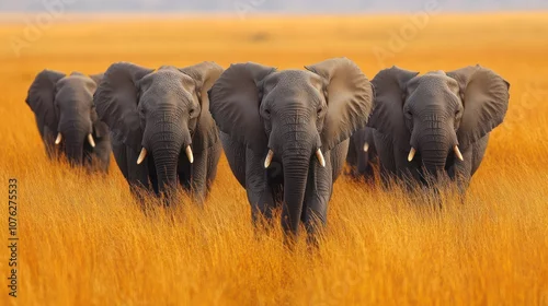 Fototapeta Elephant Family Walking Through Tall Grass in African Savanna