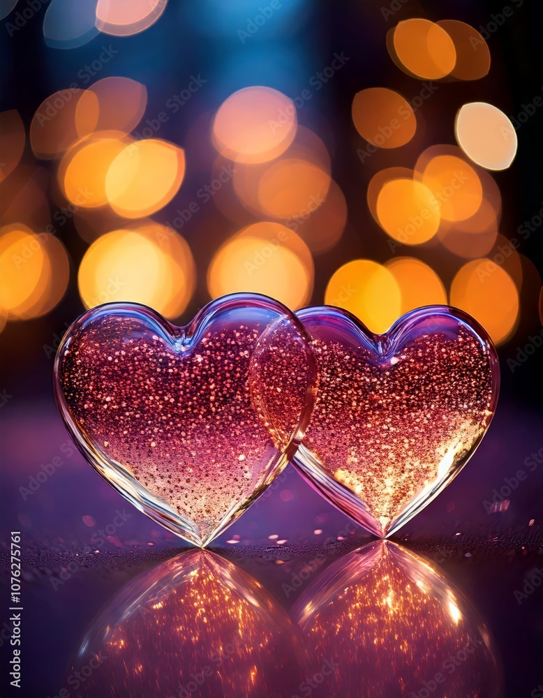 Sparkling Hearts: Two crystal hearts shimmer with a warm glow, reflecting the soft, romantic ambiance of a bokeh background. A captivating symbol of love and connection. Sparkling Hearts: Two crystal hearts shimmer with a warm glow, reflecting the soft, romantic ambiance of a bokeh background. A captivating symbol of love and connection.