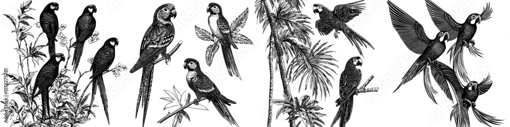 custom made wallpaper toronto digitalBird silhouettes isolated on white of modern parrots and amazon jungle birds